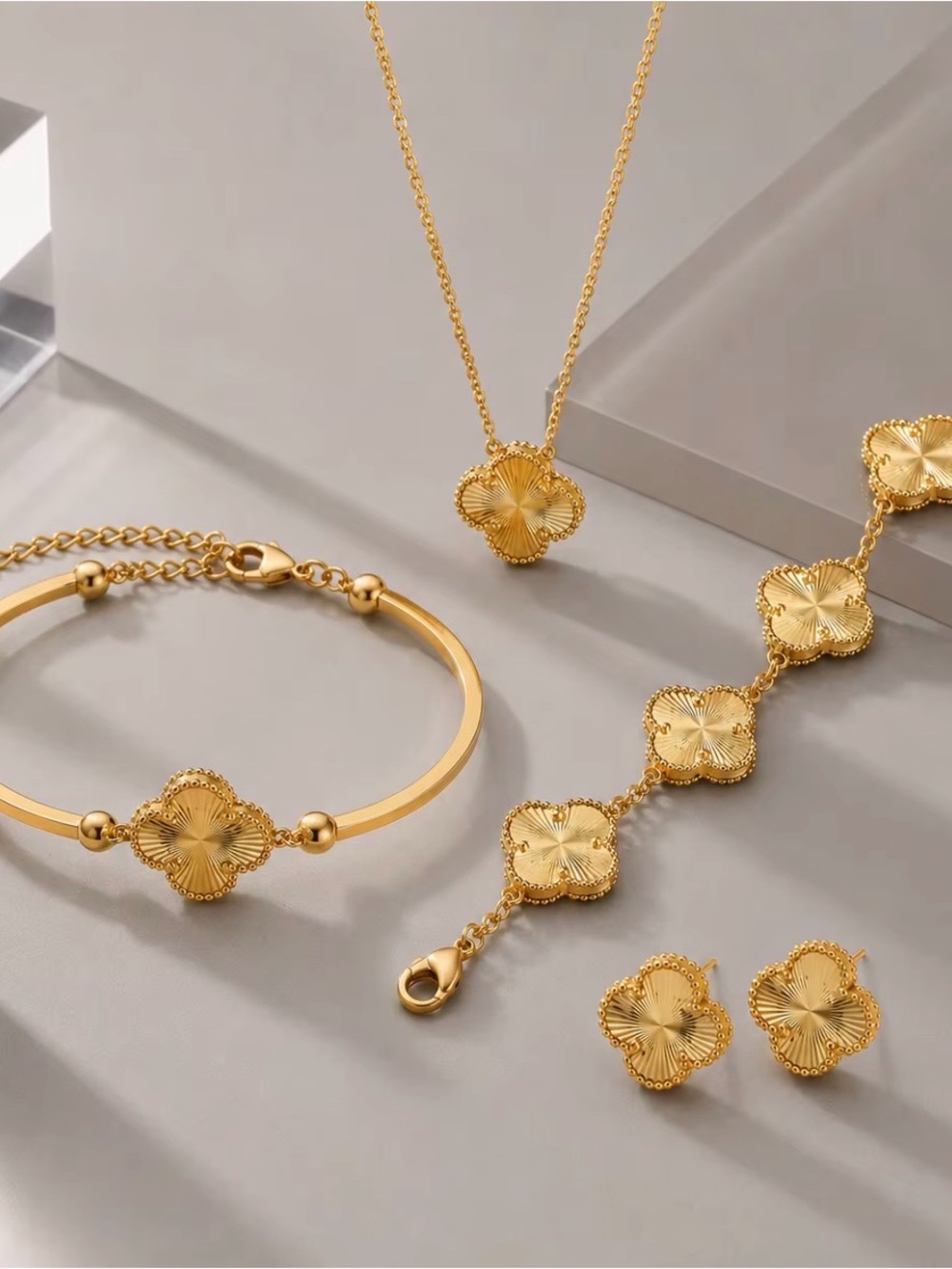 Gold Floral Clover Necklace, 2 Bracelets & Earring SET - Picture 2 of 6